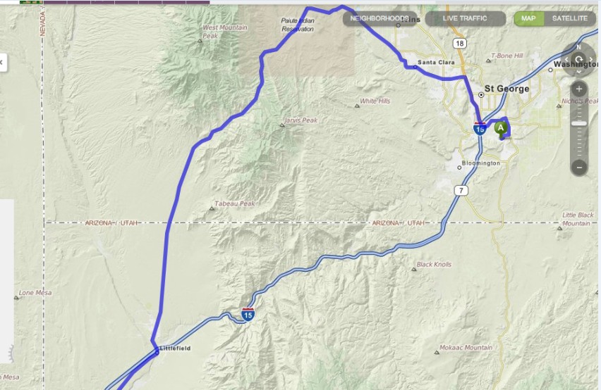 Highway 91 entre St. George, Utah, y Littlefield, Arizona. | Image from Mapquest.com; Noticias St. George 